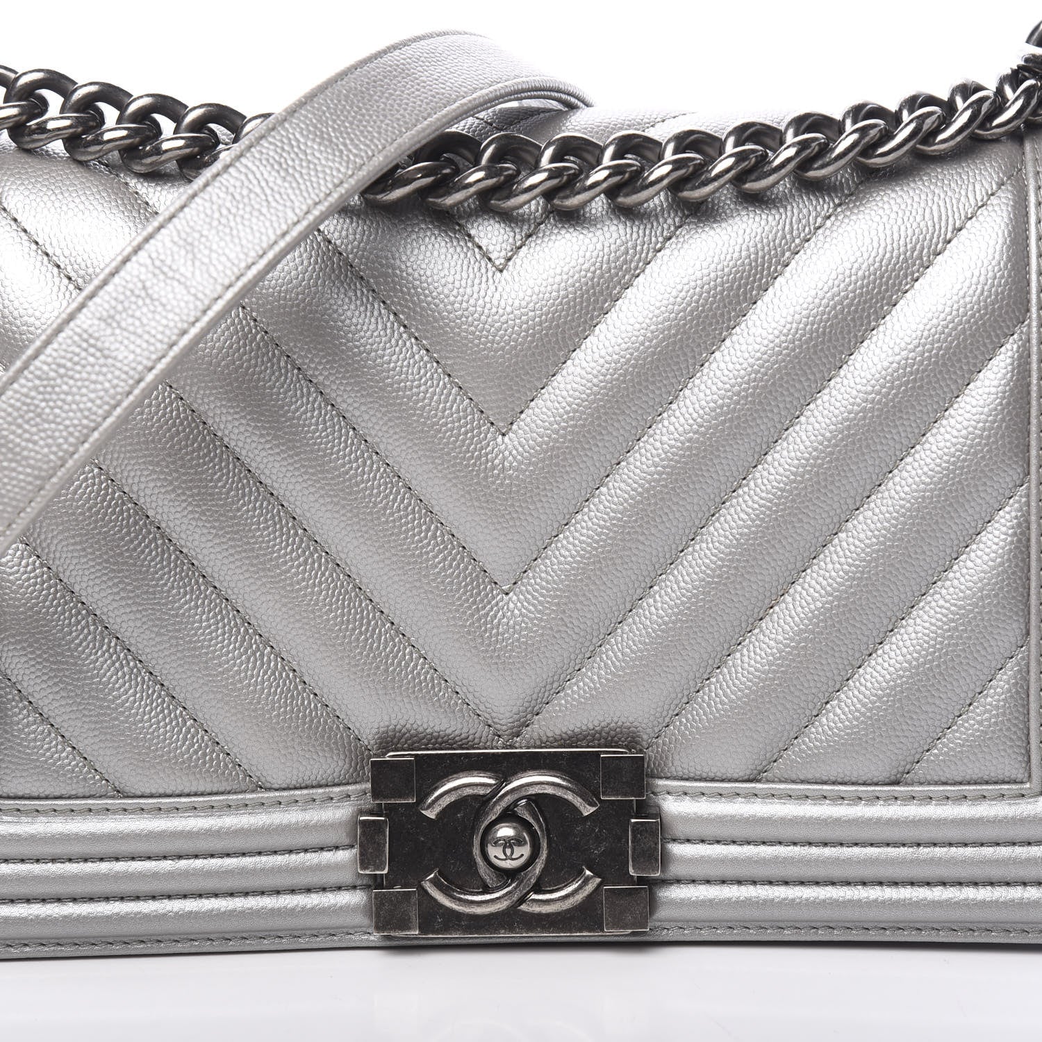 Chanel Metallic Caviar Chevron Quilted Medium Boy Flap Silver 7 of 11