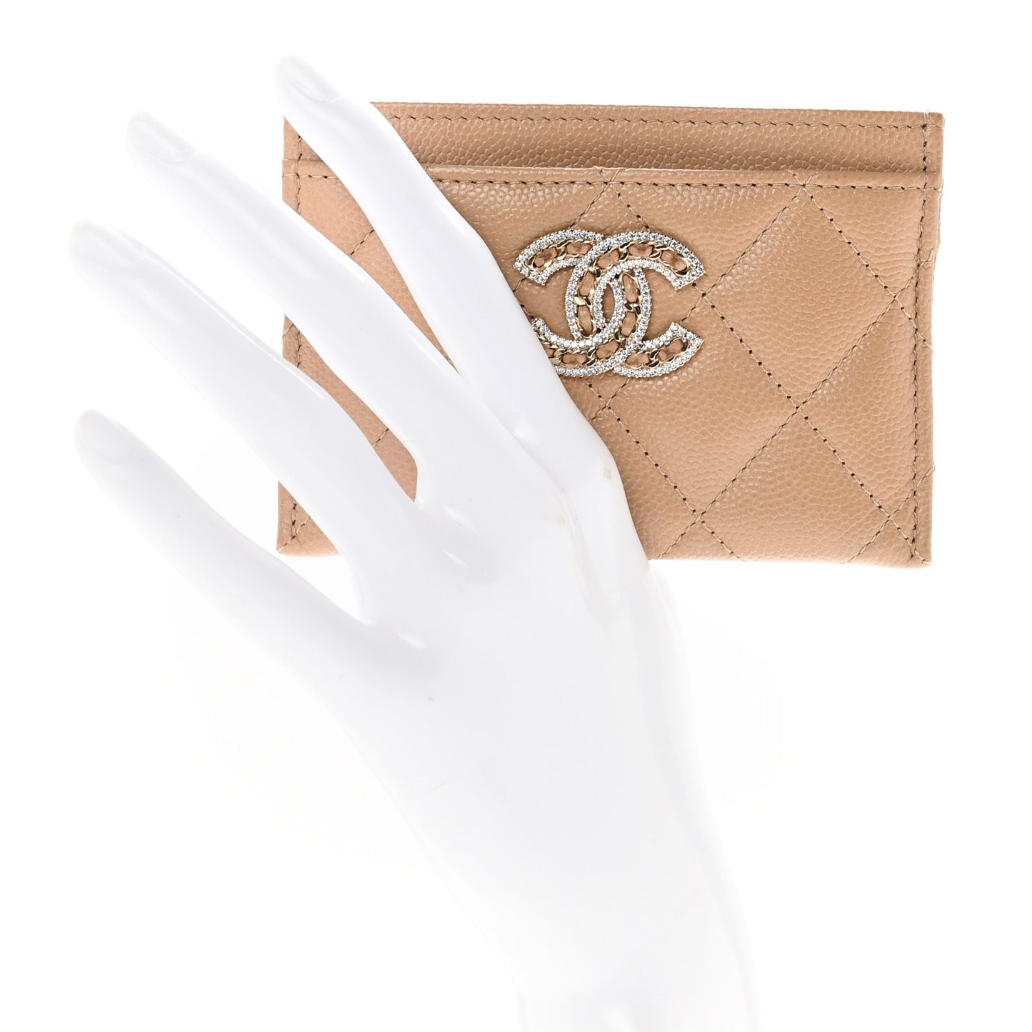 Caviar Quilted Crystal Card Holder Beige