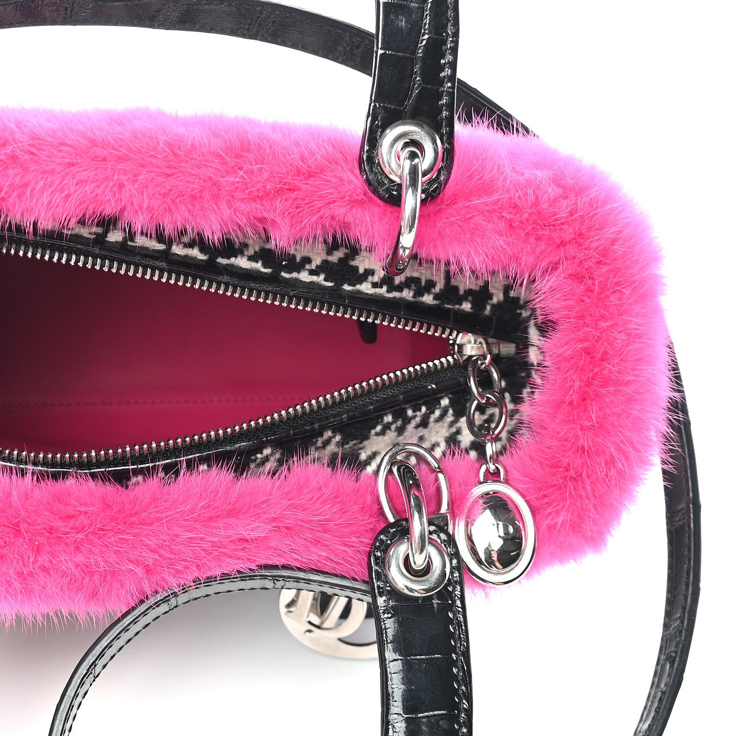 Christian Dior Tweed Crocodile Mink Plaid Medium Lady Dior Black Pink White 5 of 9