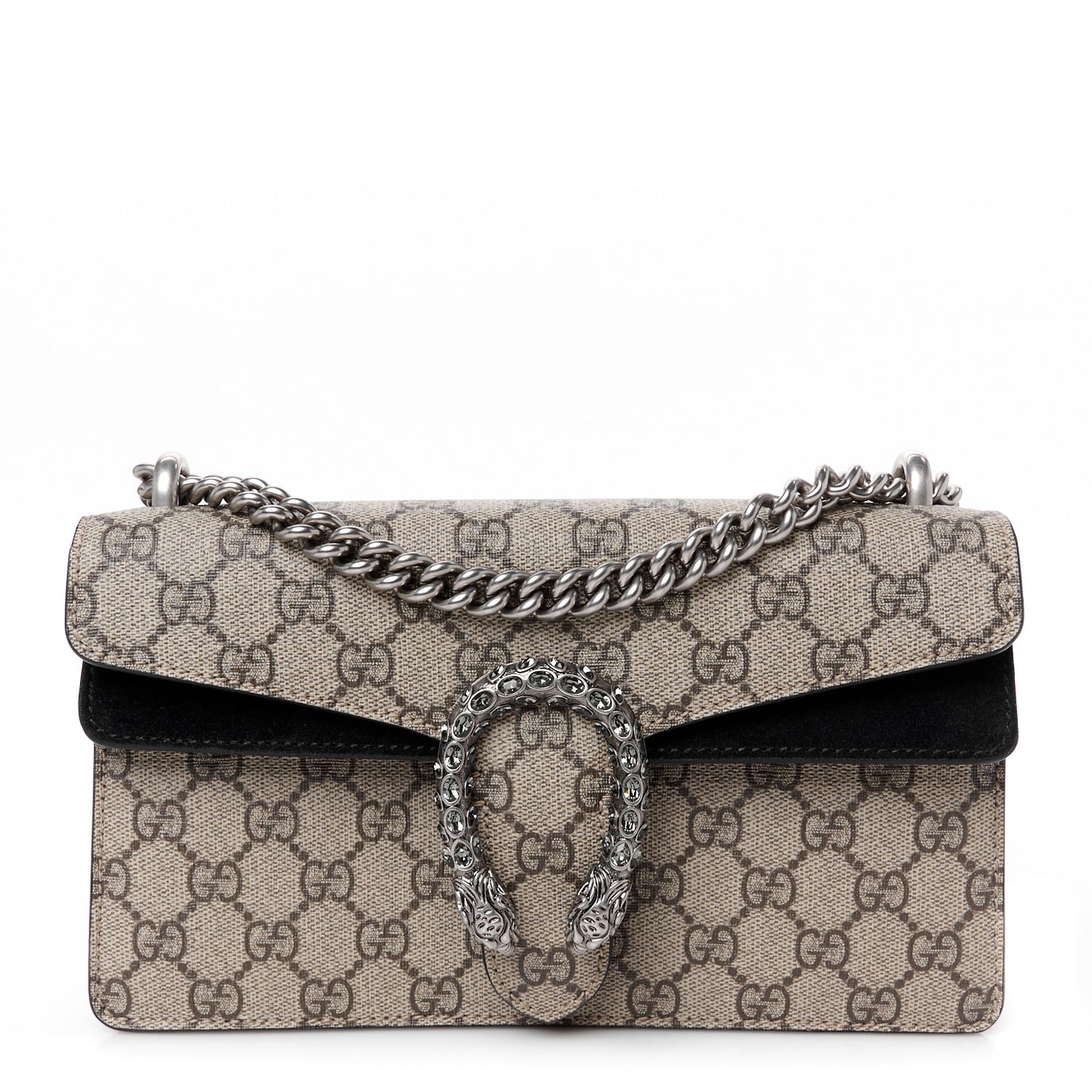 GG Supreme Monogram Suede Crystal Small Dionysus Shoulder Bag Beige Ebony Black