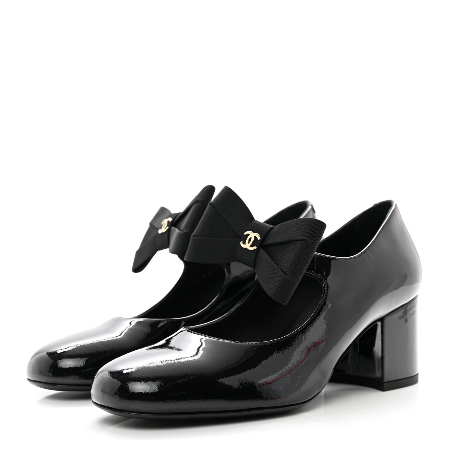 Patent Calfskin Grosgrain CC Mary Jane Pumps 37.5 Black