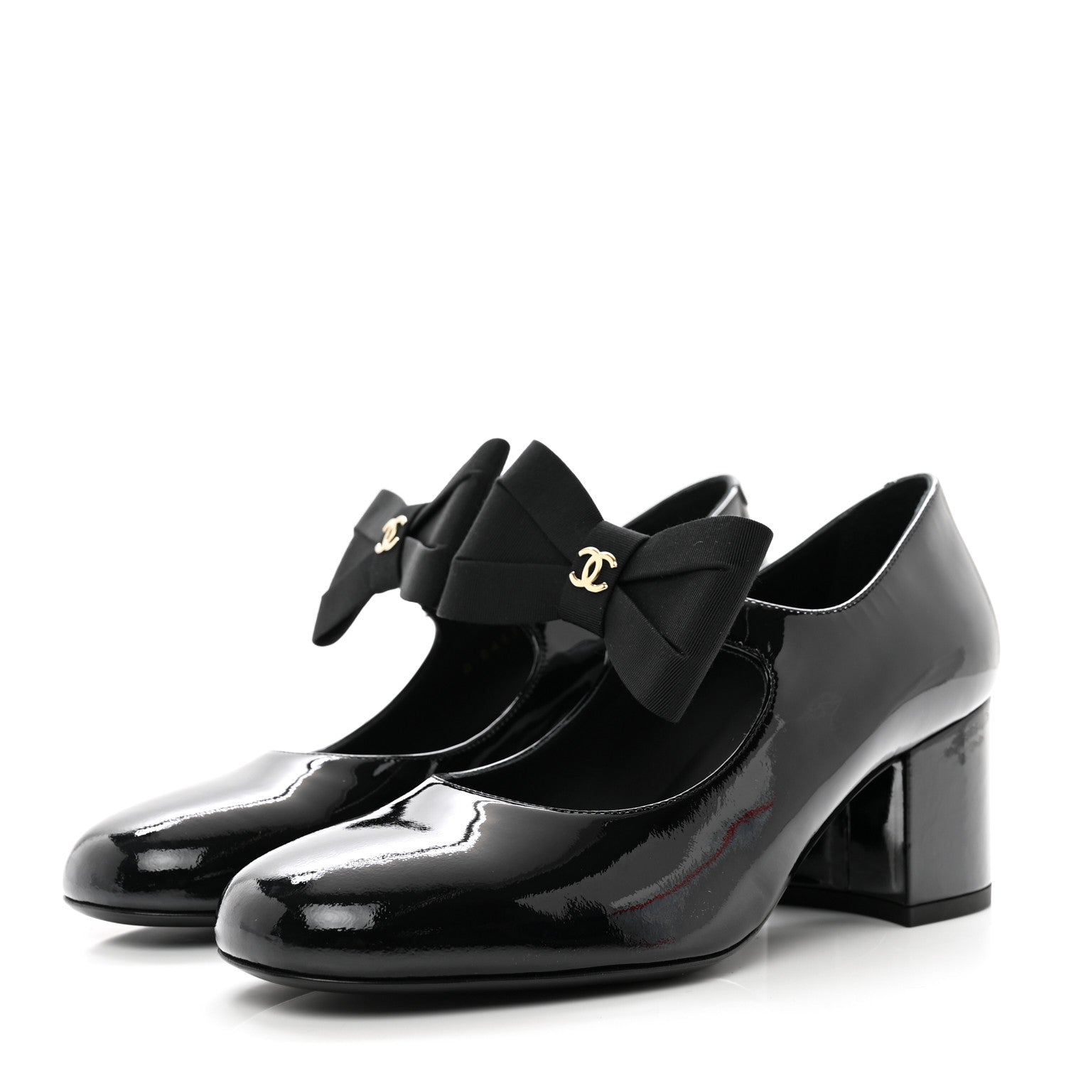 Chanel Patent Calfskin Grosgrain CC Mary Jane Pumps 37.5 Black 3 of 9