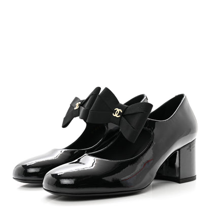 Chanel Patent Calfskin Grosgrain CC Mary Jane Pumps 37.5 Black 3 of 9