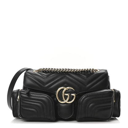 Gucci Calfskin Matelasse Small GG Marmont Multi Pocket Shoulder Bag Black 1 of 10