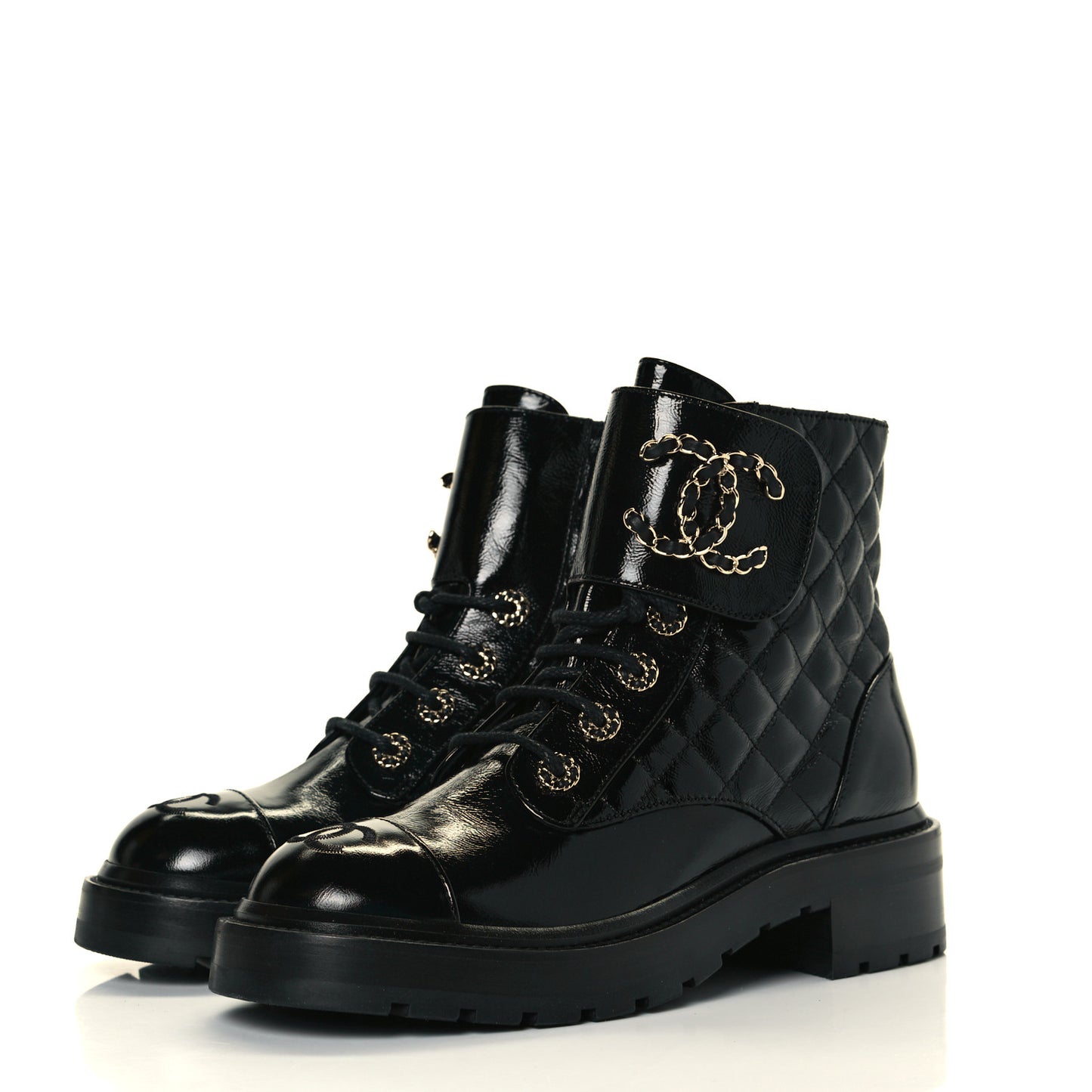 Shiny Calfskin Quilted Lace Up Combat Boots 37 Black
