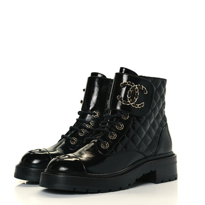 Chanel Shiny Calfskin Quilted Lace Up Combat Boots 37 Black 2 of 10