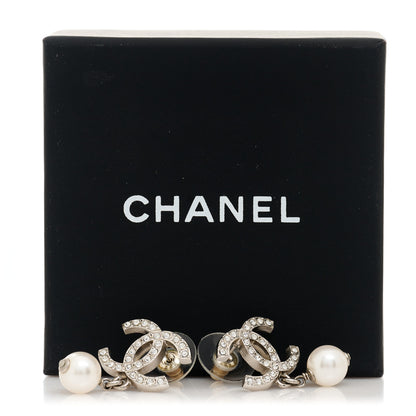 Chanel Pearl Crystal CC Drop Earrings Silver Pearly White 5 of 5