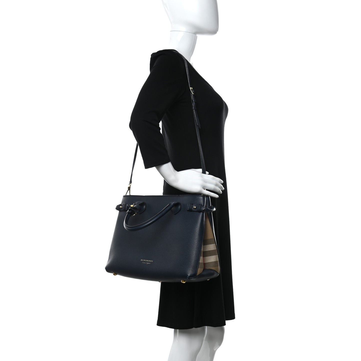 Grainy Calfskin House Check Medium Banner Tote Ink Blue