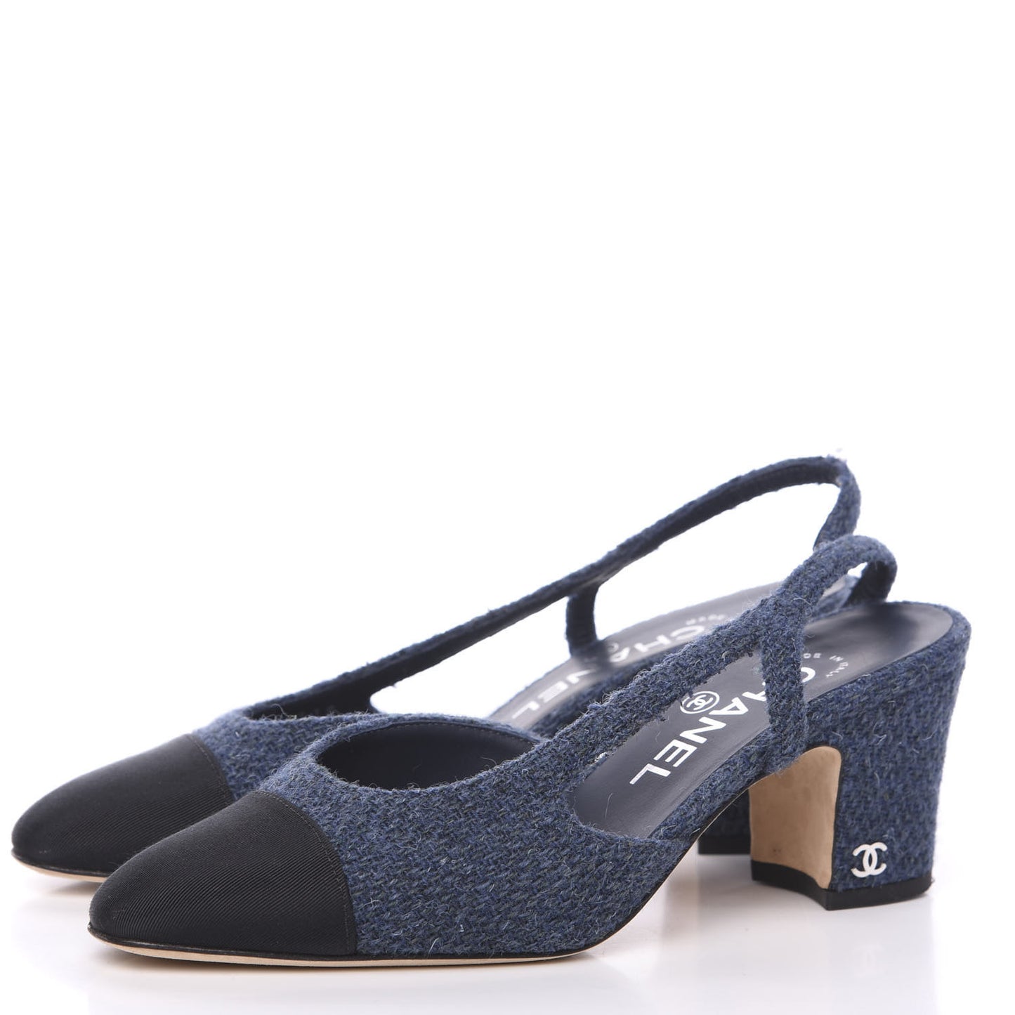 Tweed Grosgrain Cap Toe CC Slingback Pumps 35 Blue Black