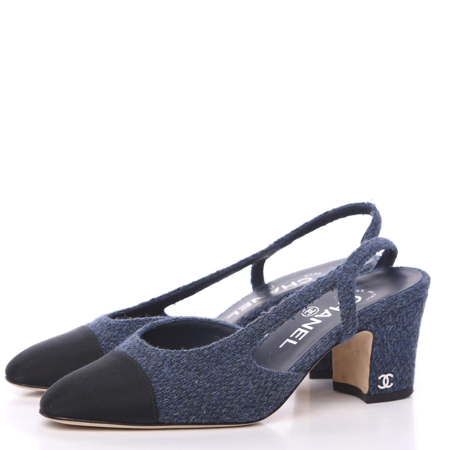 Chanel Tweed Grosgrain Cap Toe CC Slingback Pumps 35 Blue Black 3 of 8