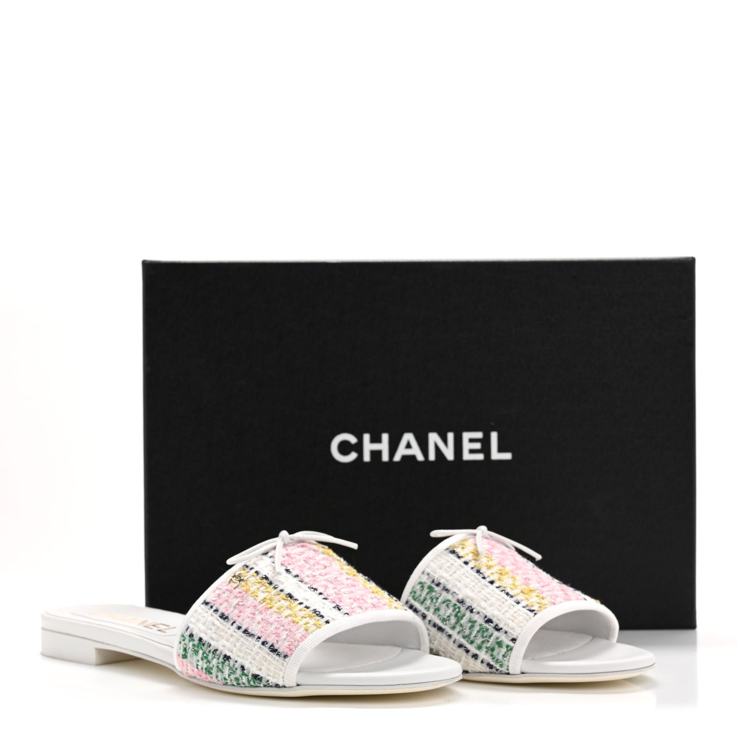Tweed Lambskin CC Mules 40.5 White Multicolor