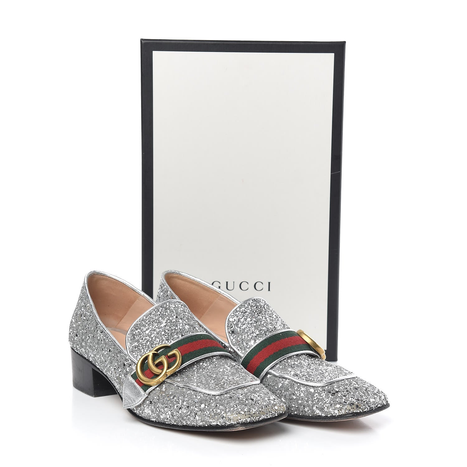 Gucci Glitter Web Peyton Loafers 38 Silver 11 of 11
