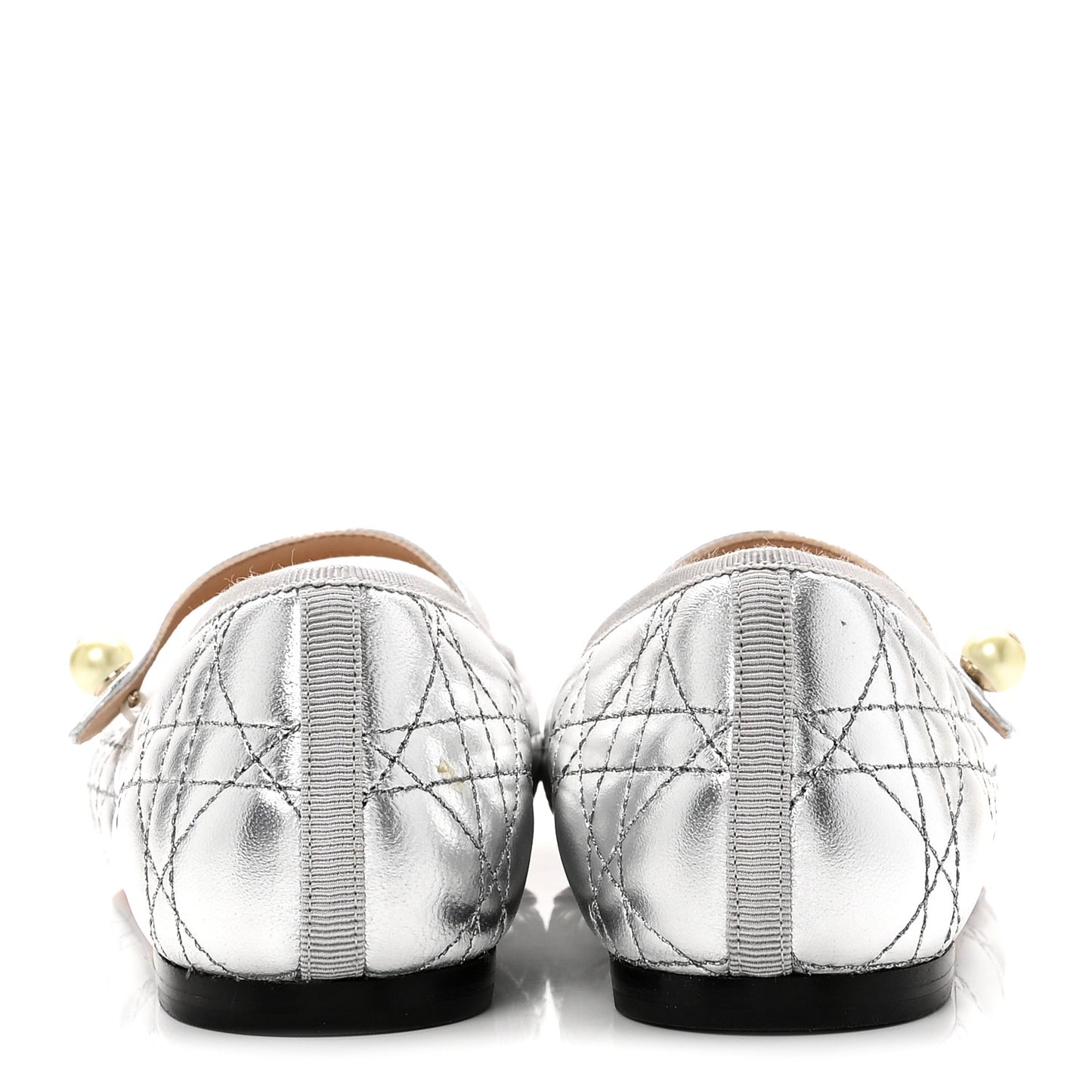 Metallic Lambskin Cannage Pearl Ballet Flats 38.5 Steel