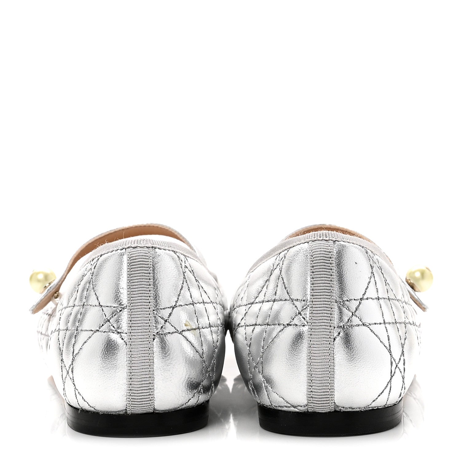 Christian Dior Metallic Lambskin Cannage Pearl Ballet Flats 38.5 Steel 6 of 9
