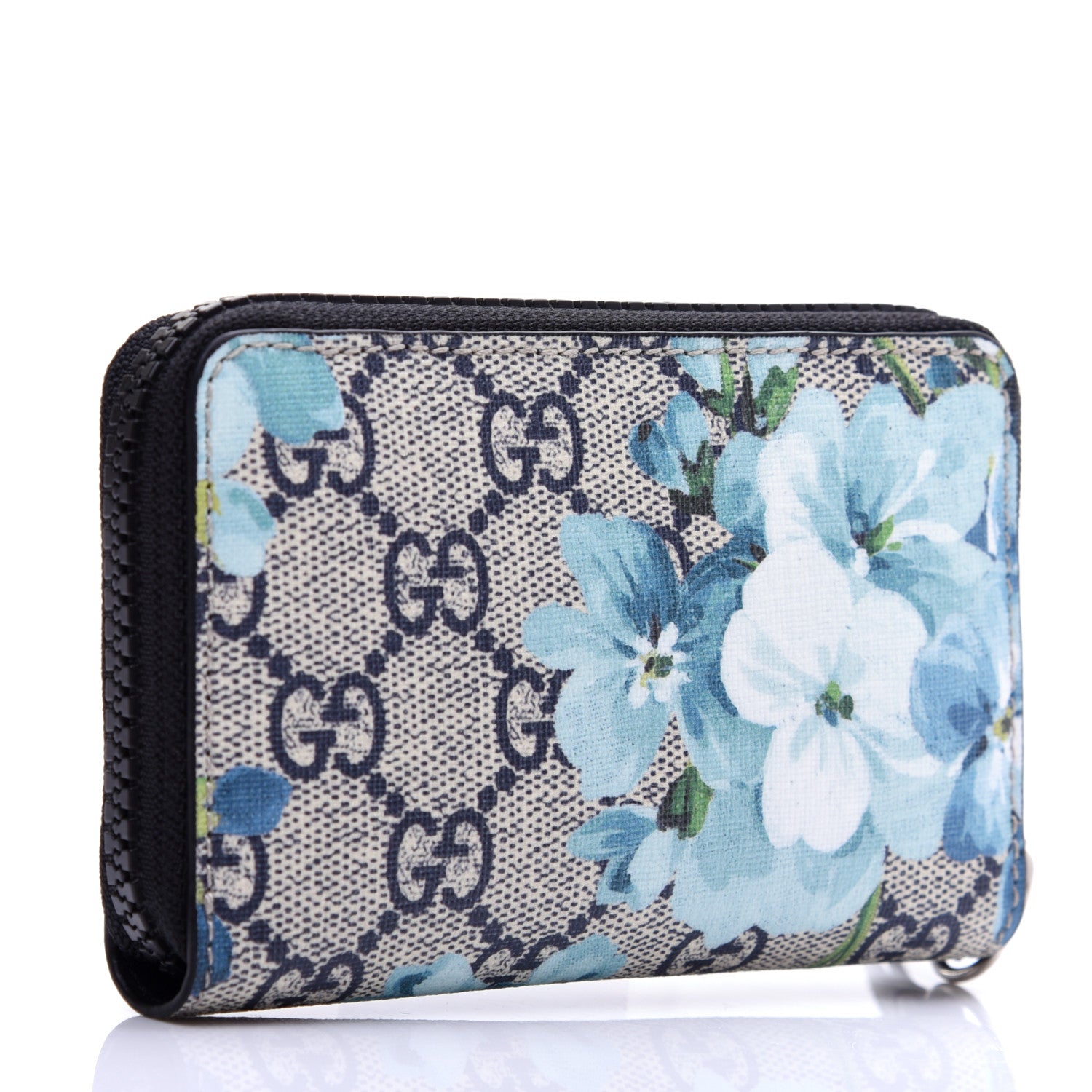 Gucci GG Supreme Monogram Blooms Zip Around Card Case Wallet Beige Blue Navy 3 of 10