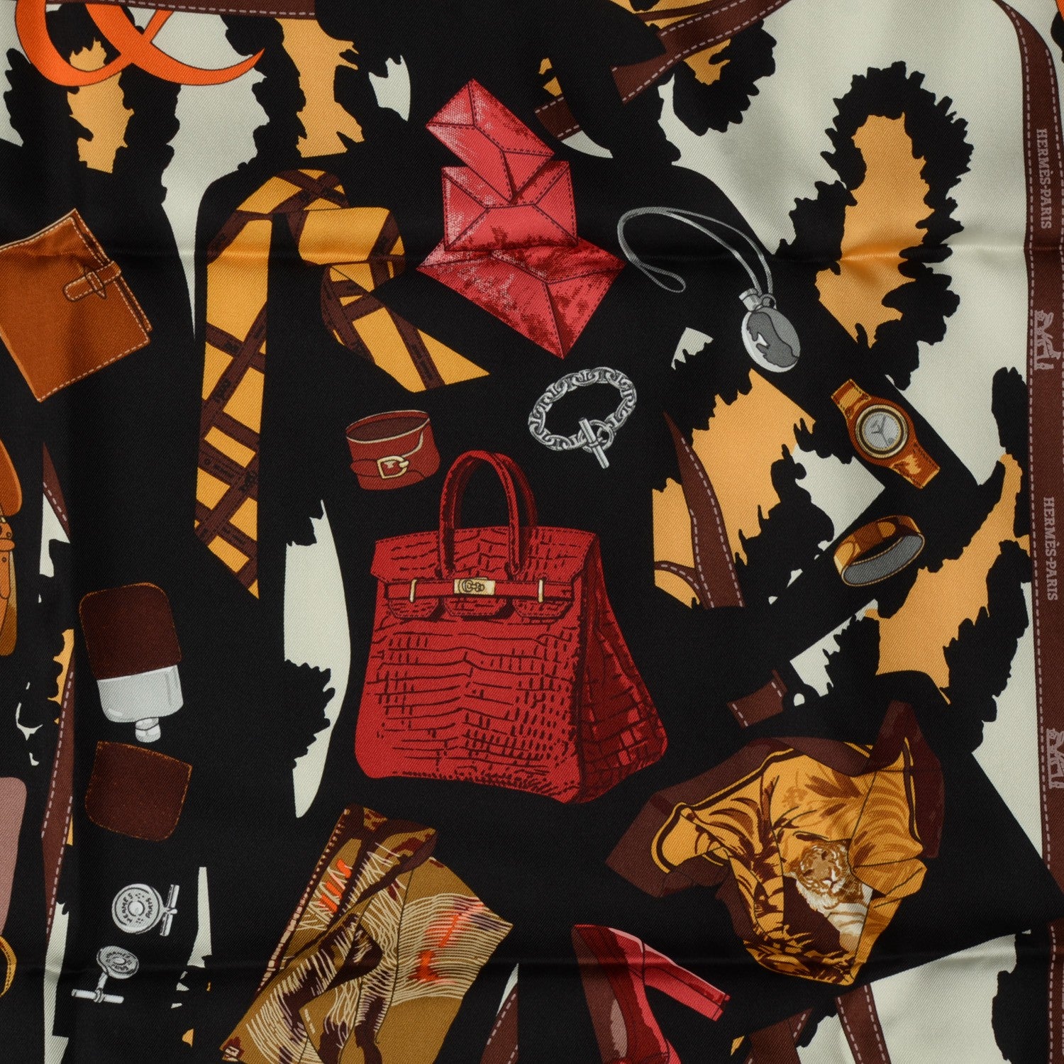 Hermes Silk Monsieur et Madame II Scarf 90 Chocolat Ivory Black 7 of 7