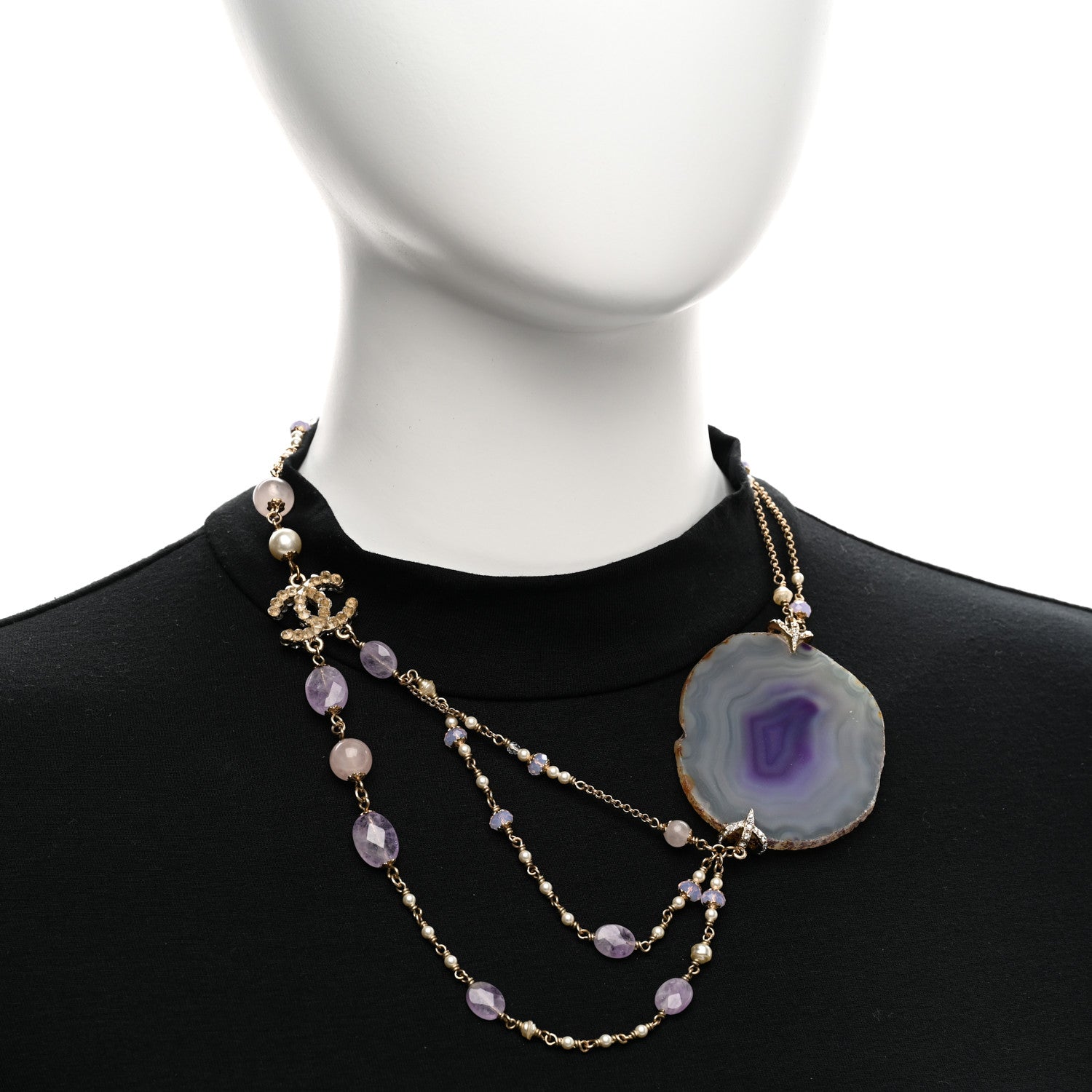 Chanel Beaded Quartz Amethyst Crystal CC Chain Necklace Gold Purple 2 of 5