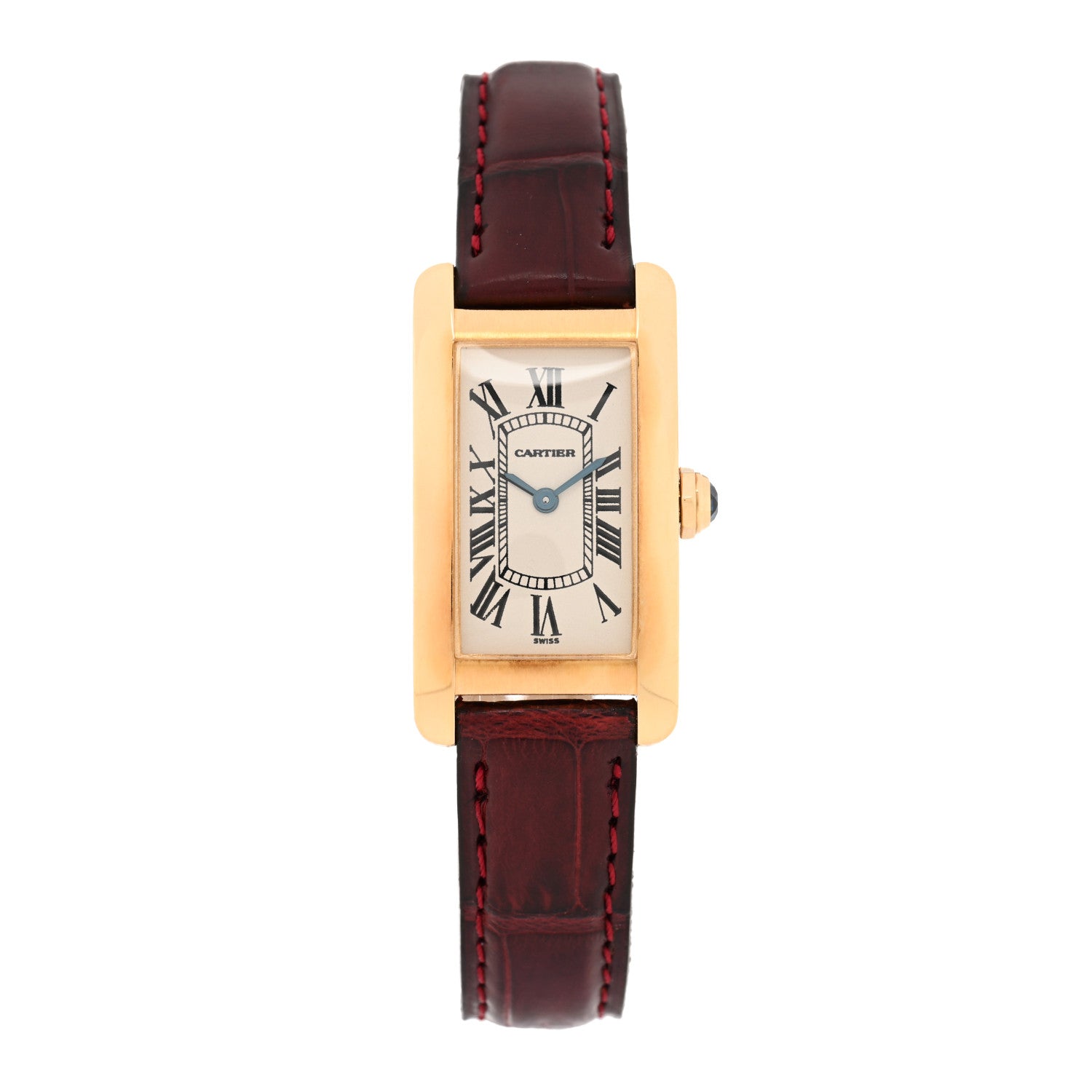 Cartier 18K Yellow Gold Alligator 19mm Tank Americaine Quartz Watch Burgundy 1 of 4