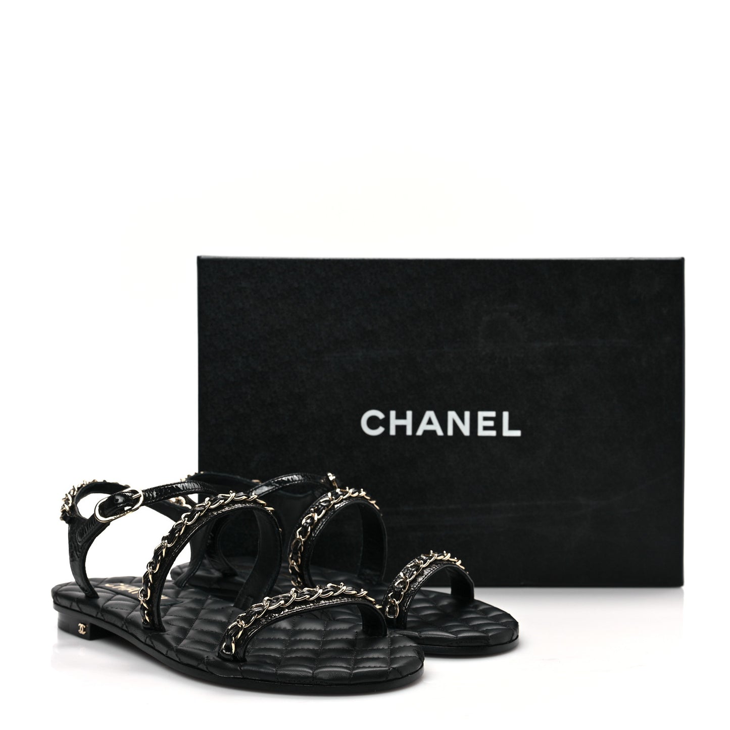 Crumpled Calfskin Chain Sandals 35.5 Black