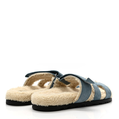 Hermes Suede Goatskin Woolskin Womens Chypre Sandals 36 Bleu Pinede Ecru 4 of 8