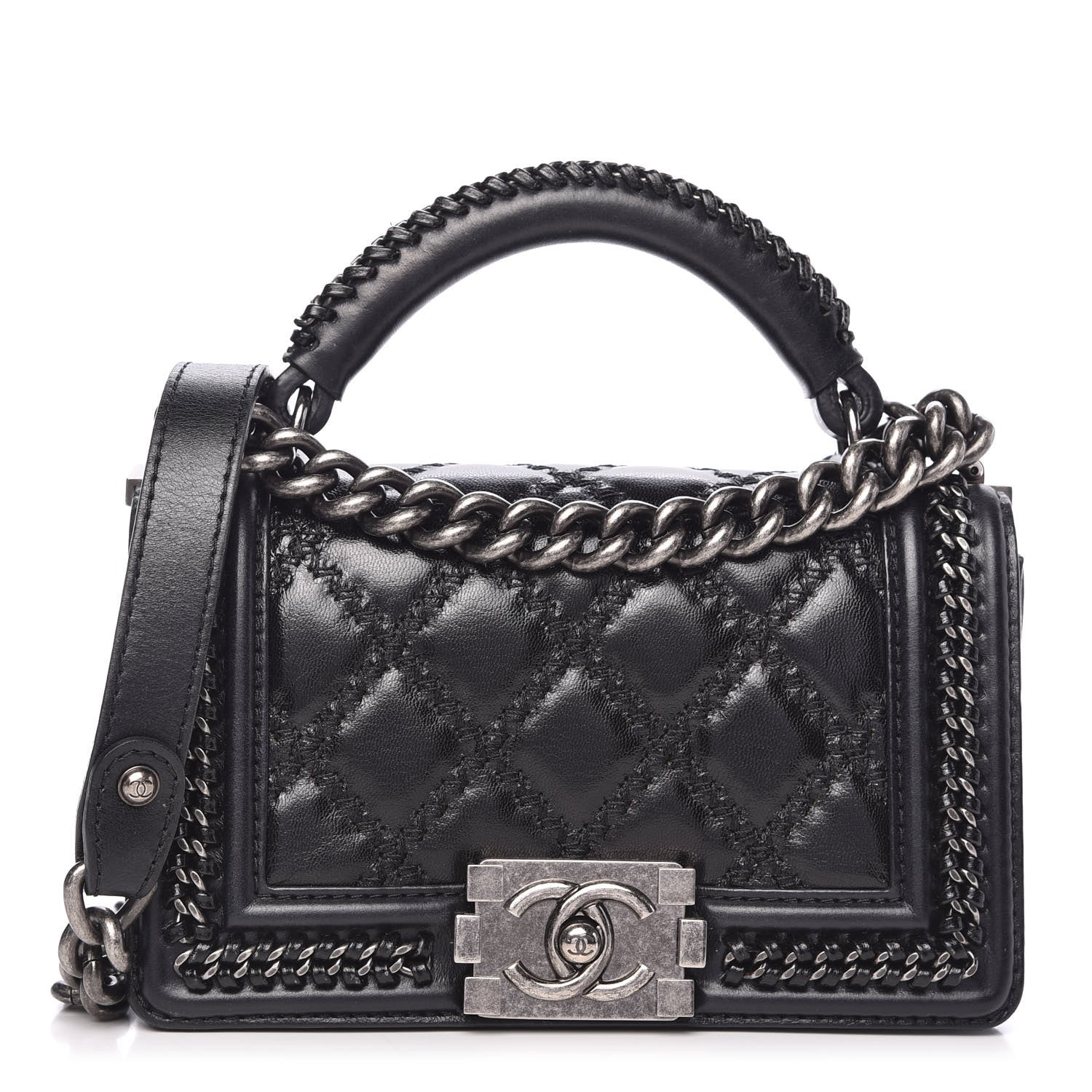 Chanel Shiny Goatskin Quilted Mini Boy Top Handle Flap Black 1 of 9