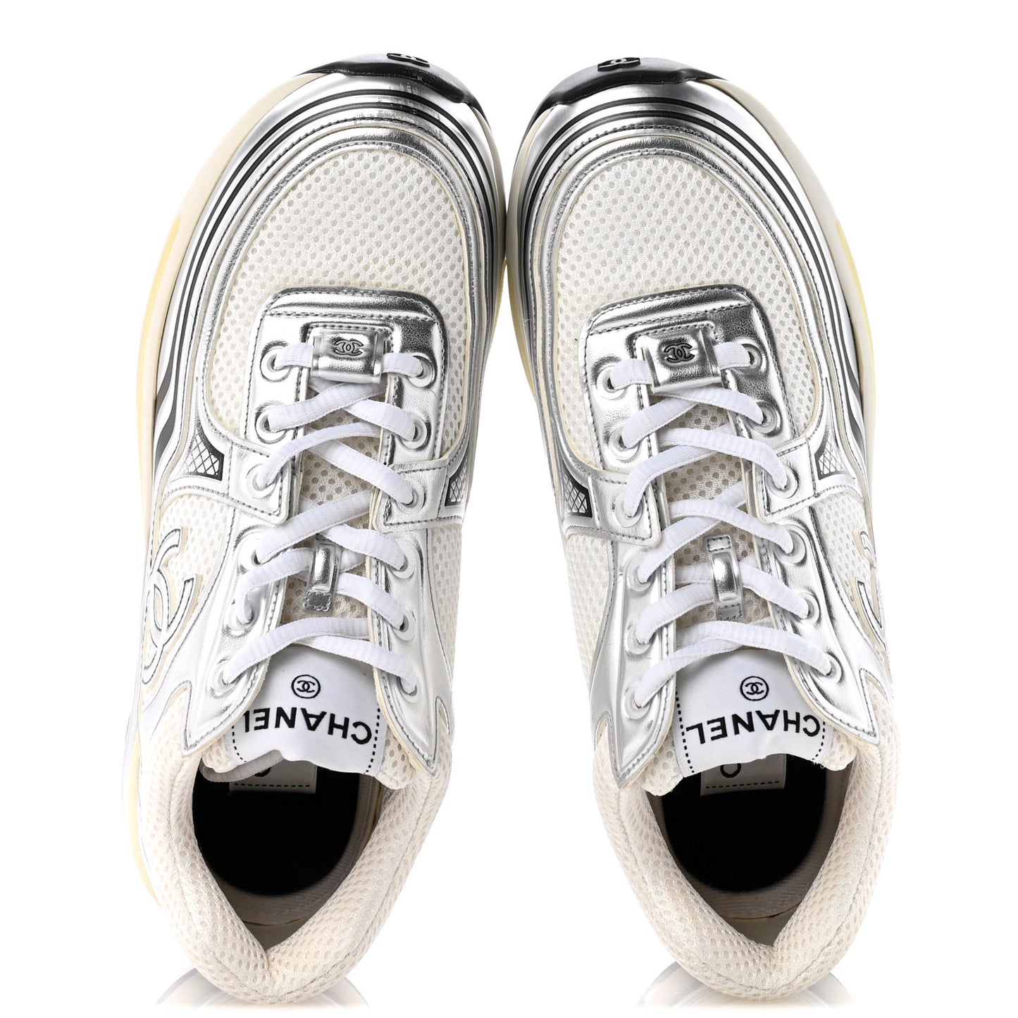 Fabric Laminated Calfskin Stretch CC Womens Sneakers 38 White Silver