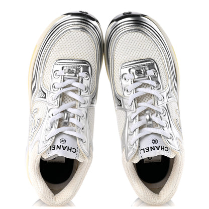 Chanel Fabric Laminated Calfskin Stretch CC Womens Sneakers 38 White Silver 2 of 11