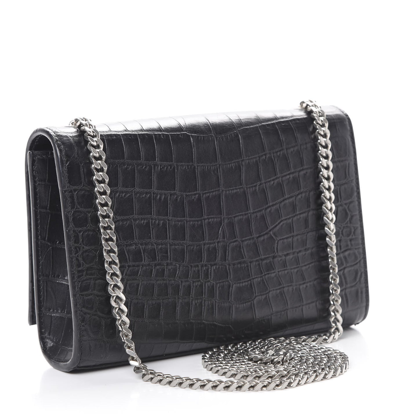 Calfskin Crocodile Embossed Monogram Small Kate Tassel Satchel Black