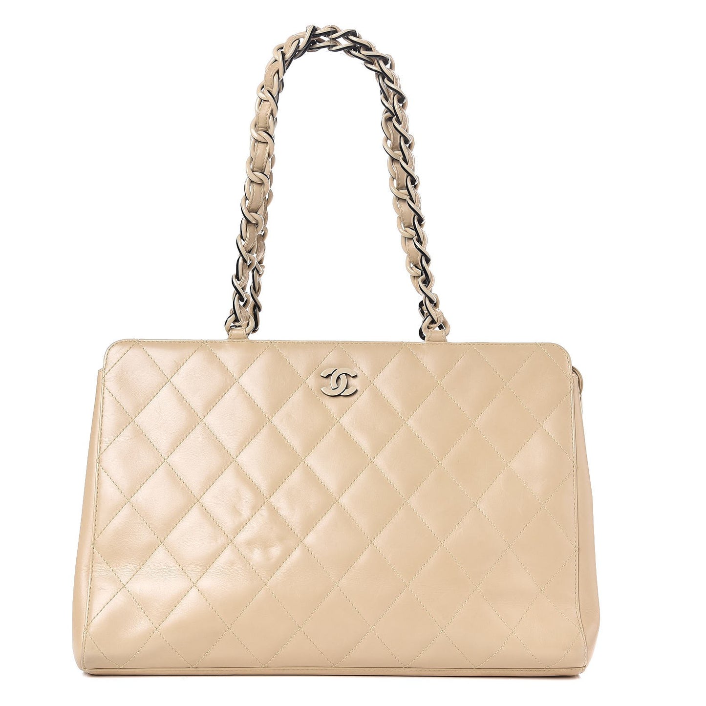 Lambskin Quilted Bekko Resin Shopper Tote Beige