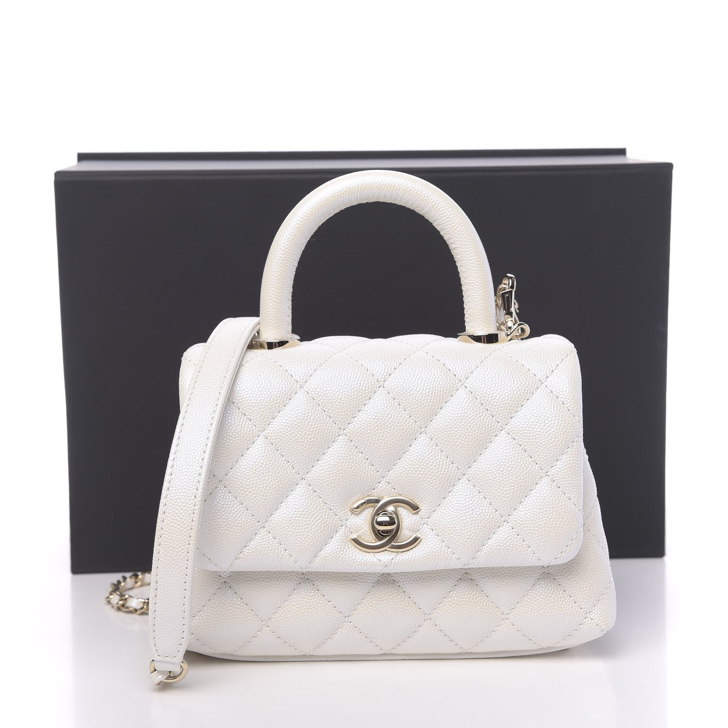 Iridescent Caviar Quilted Extra Mini Coco Handle Flap Ivory