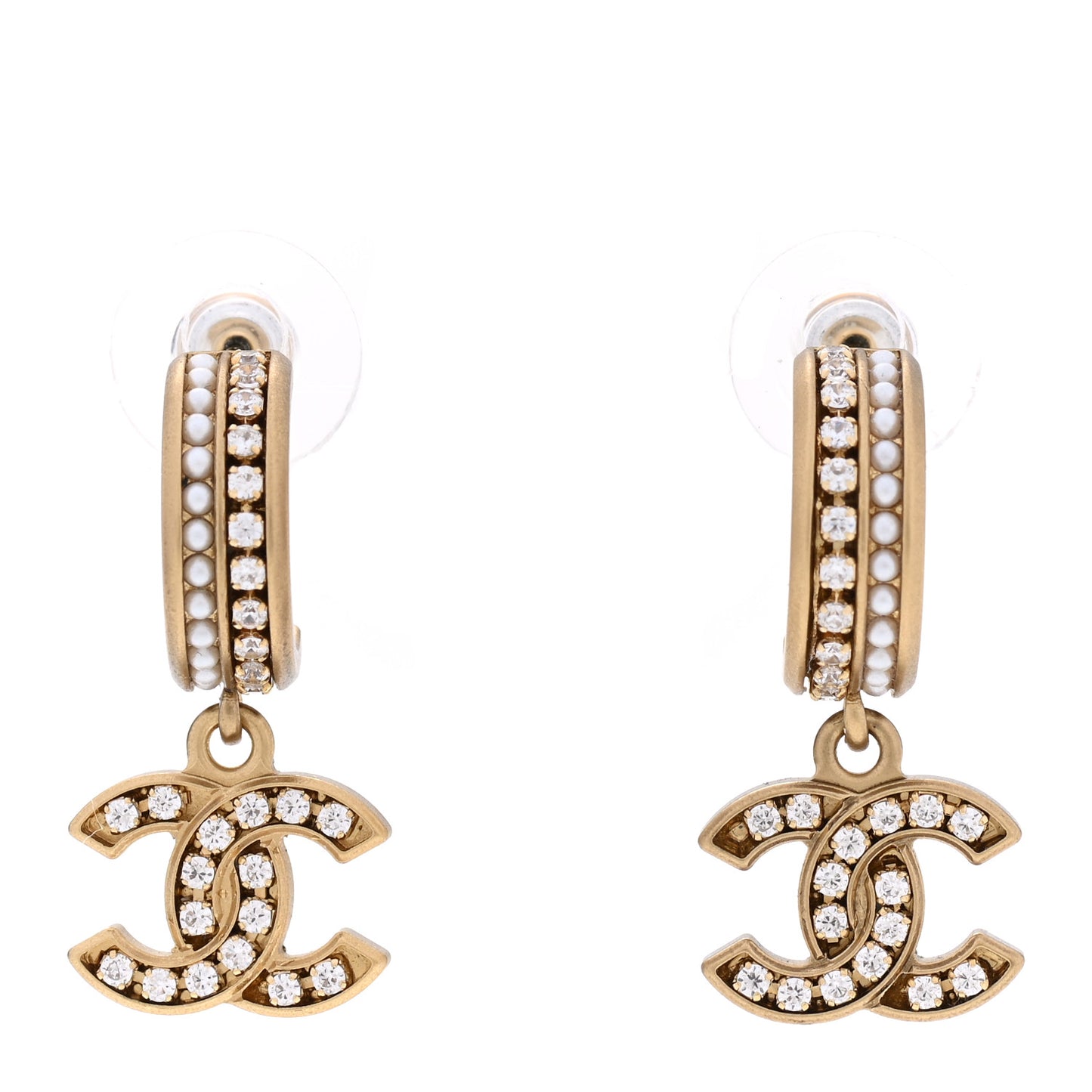 Crystal Pearl CC Hoop Drop Earrings Gold