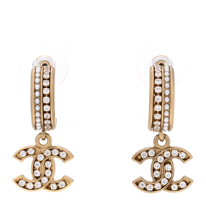 Chanel Crystal Pearl CC Hoop Drop Earrings Gold 1 of 4