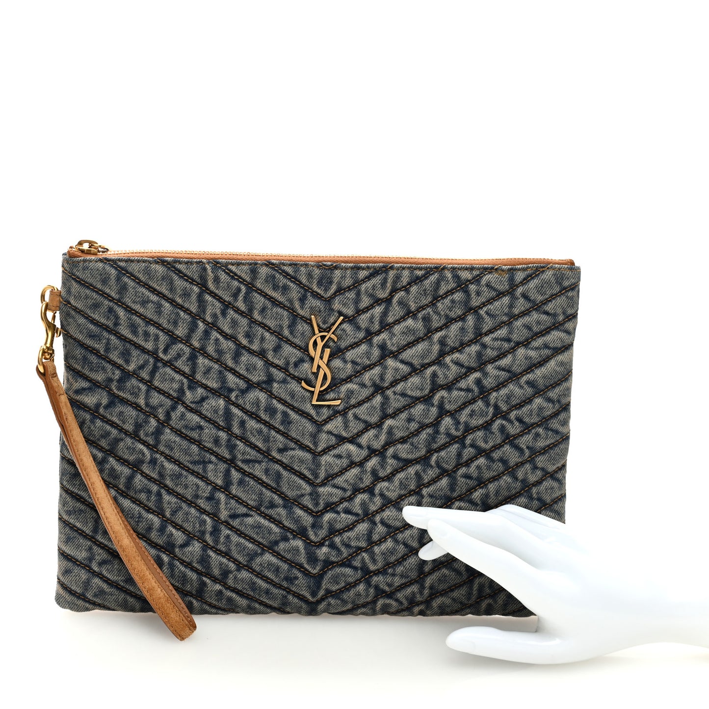 Denim Matelasse Chevron Monogram A5 Wristlet Blue