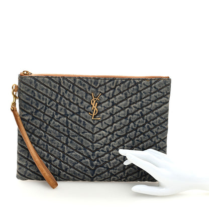 Saint Laurent Denim Matelasse Chevron Monogram A5 Wristlet Blue 2 of 6