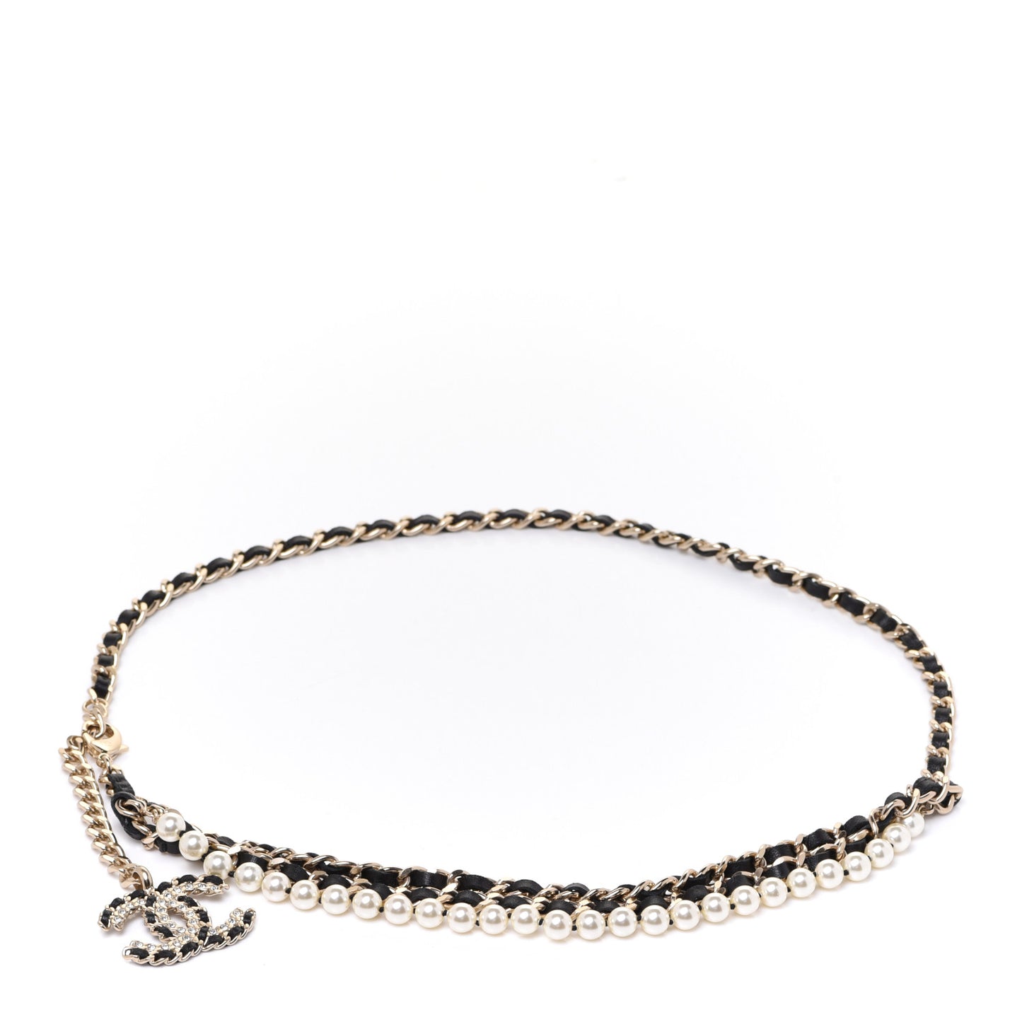 Lambskin Pearl Crystal Chain CC Fancy Belt 75 Black Gold