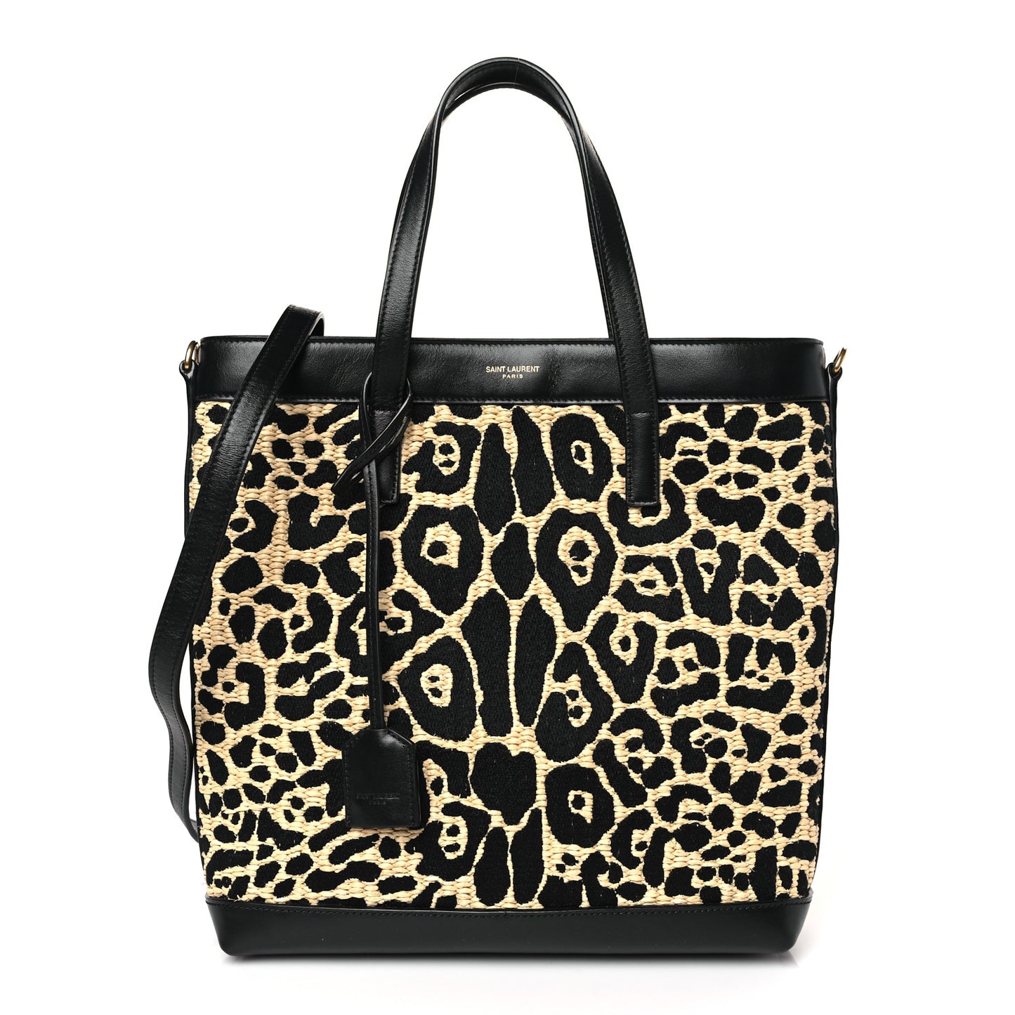 Raffia Calfskin Leopard Print Toy Shopping Tote Natural Black