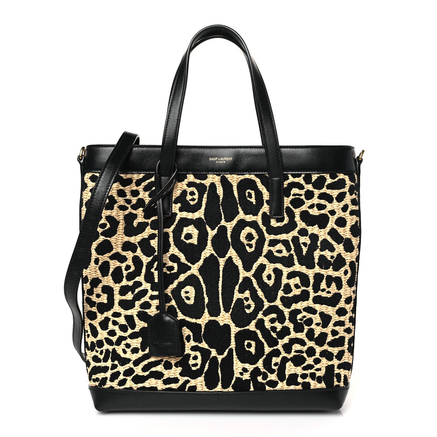 Saint Laurent Raffia Calfskin Leopard Print Toy Shopping Tote Natural Black 1 of 9