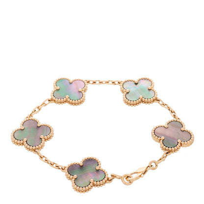 Van Cleef & Arpels 18K Rose Gold Gray Mother of Pearl 5 Motifs Vintage Alhambra Bracelet 2 of 4