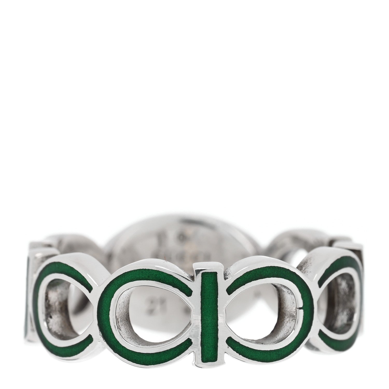 Gucci Sterling Silver Enamel Interlocking G Logo Ring 61 9.5 Green 1 of 5