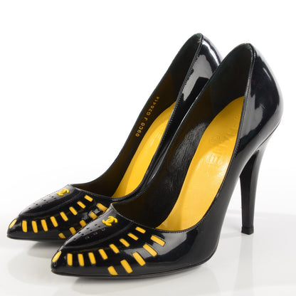 Chanel Patent Cut Out CC Pumps 38.5 Black Yellow 3 of 8