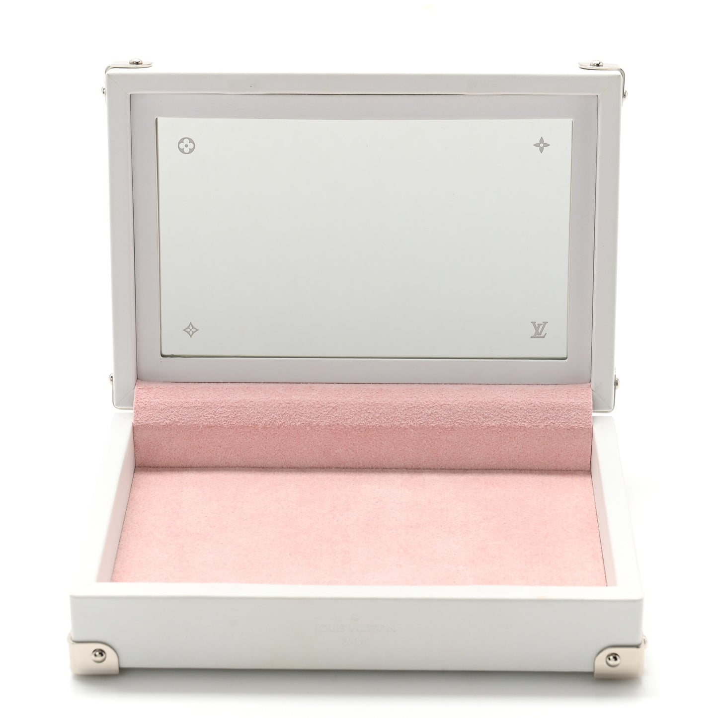 Calfskin Mirror Monogram Etched Jewelry Box Trunk White
