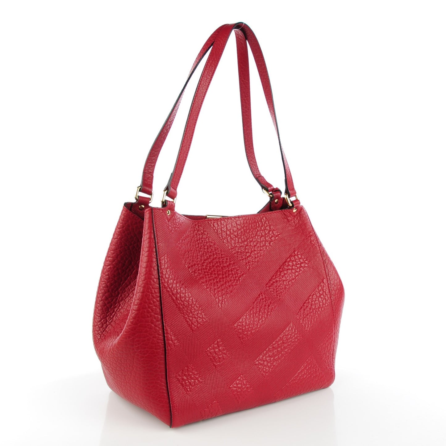 Signature Grain Calfskin Check Embossed Small The Canter Tote Military Red