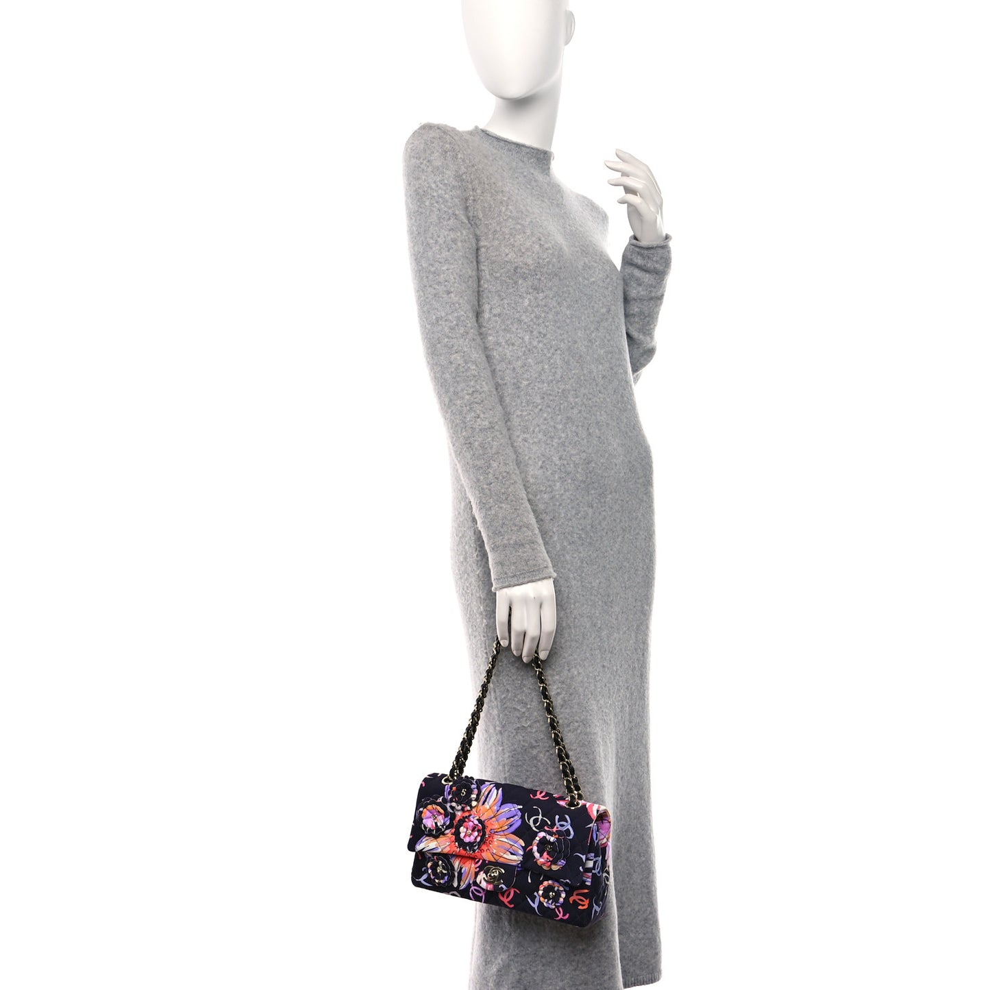 Printed Fabric Quilted Camellia Flap Black Multicolor