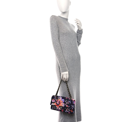 Chanel Printed Fabric Quilted Camellia Flap Black Multicolor 2 of 12