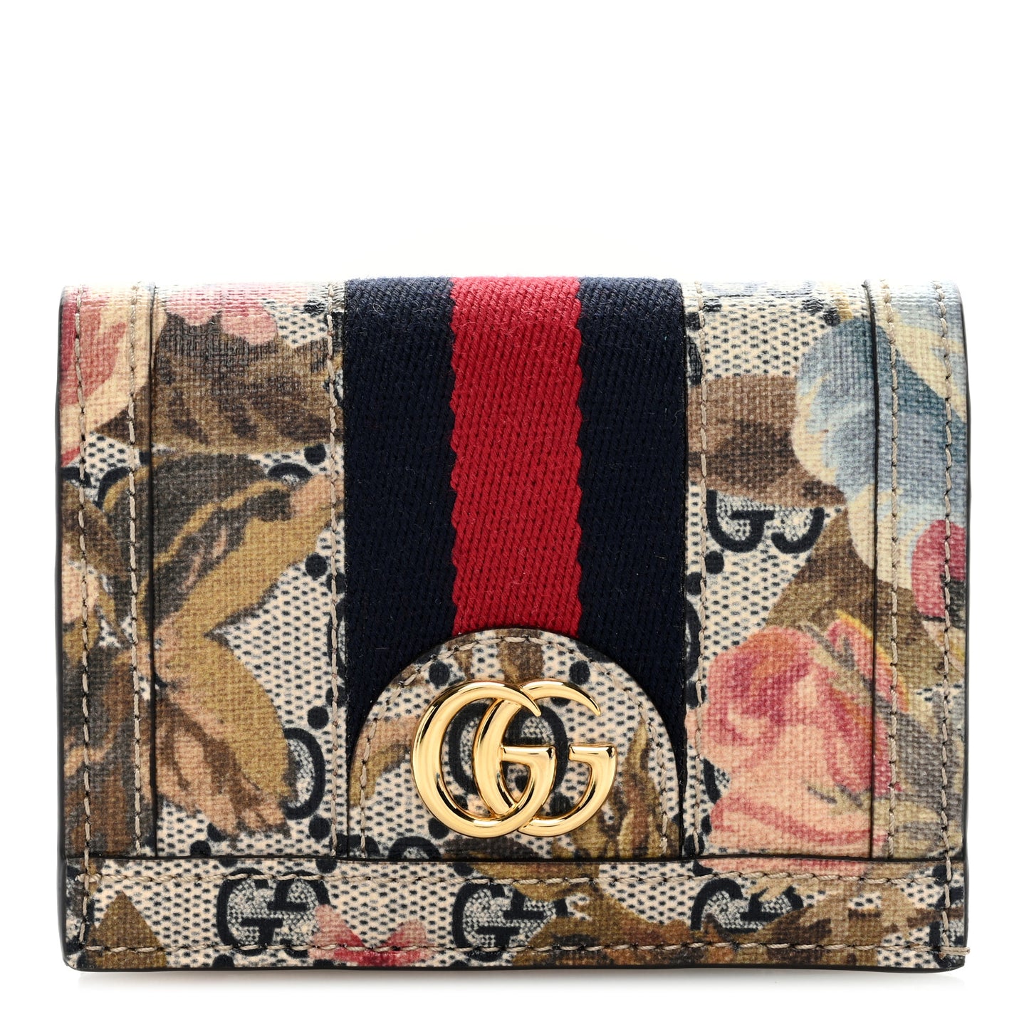 GG Supreme Monogram Water Flora Web Ophidia Card Case Beige Blue Multicolor
