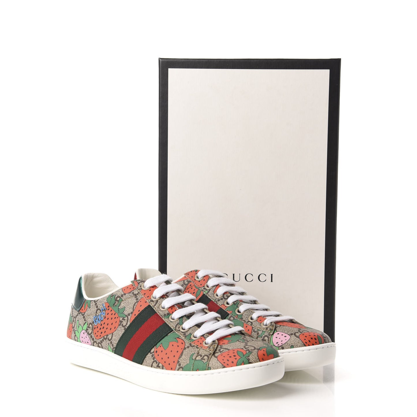 GG Supreme Monogram Strawberry Web Womens Ace Sneakers 37 Beige Multicolor Red Green