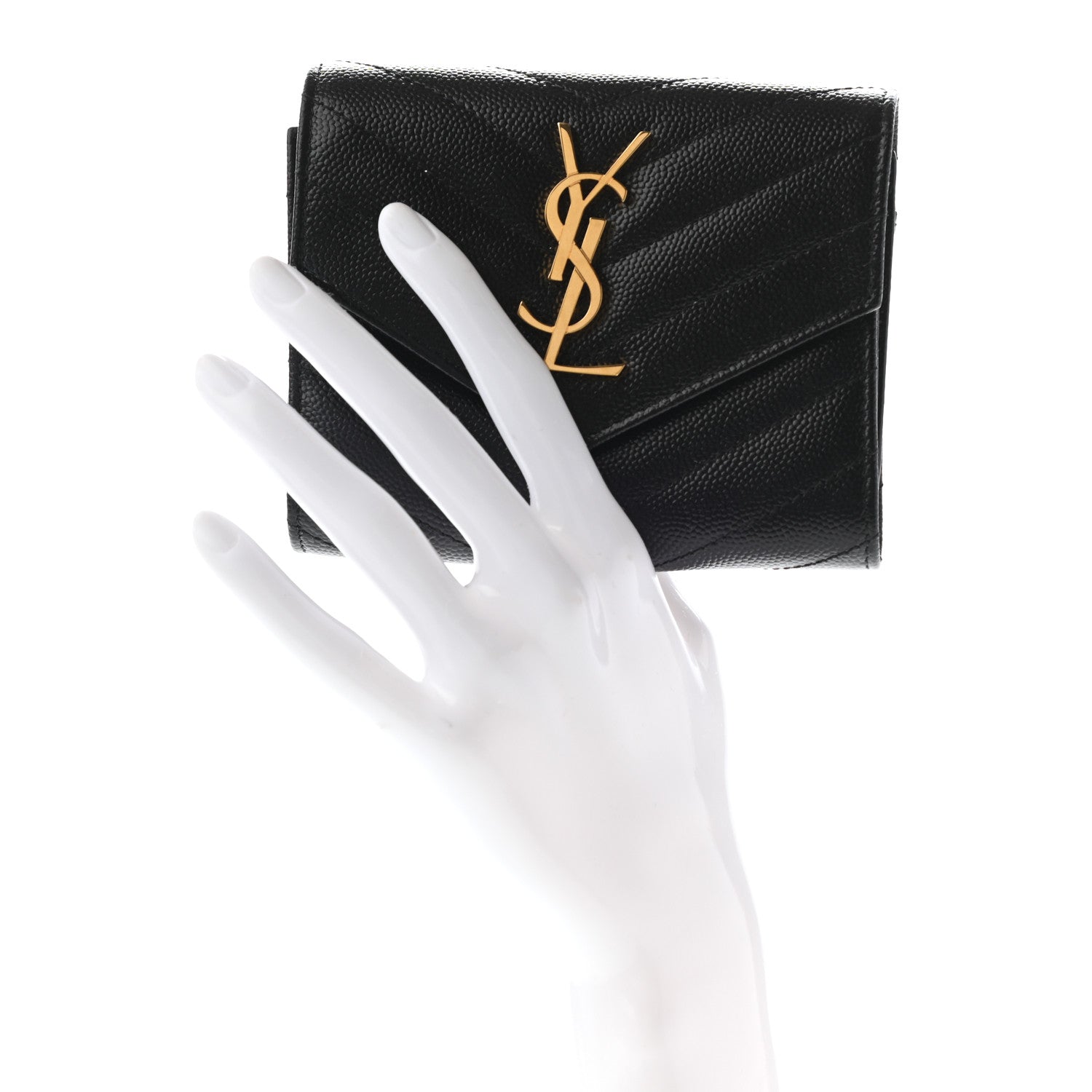 Saint Laurent Grain De Poudre Matelasse Chevron Monogram Compact Tri Fold Wallet Black 2 of 7