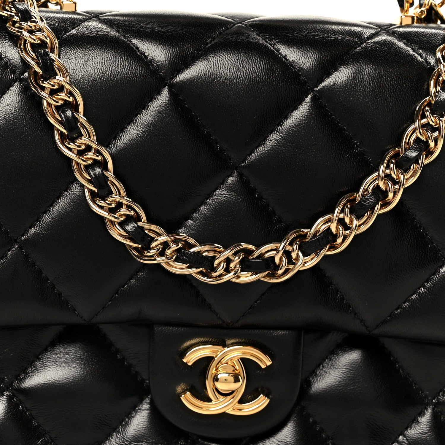 CHANEL キルティング ブラックベルト　シャンパンゴールド Chanel Shiny Lambskin Quilted Golden Links Top Handle Flap Black