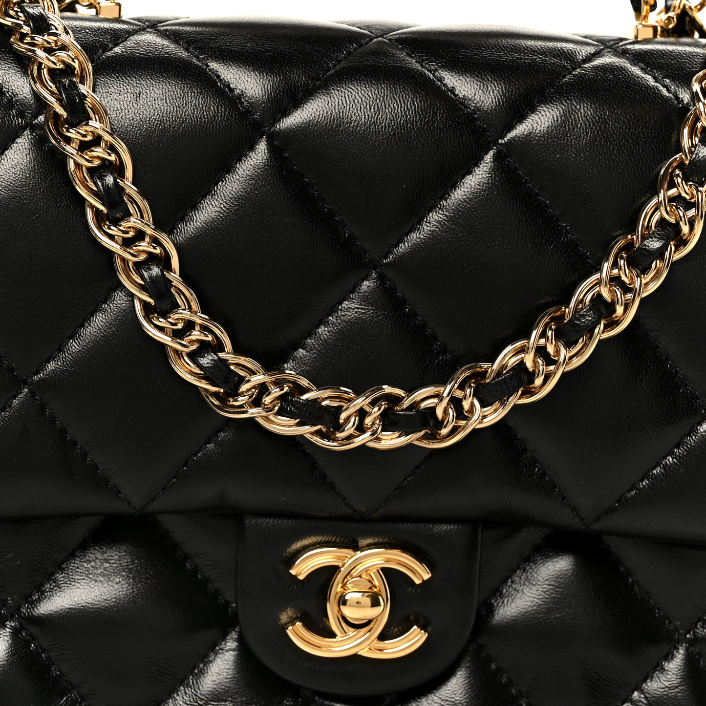 Shiny Lambskin Quilted Golden Links Top Handle Flap Black