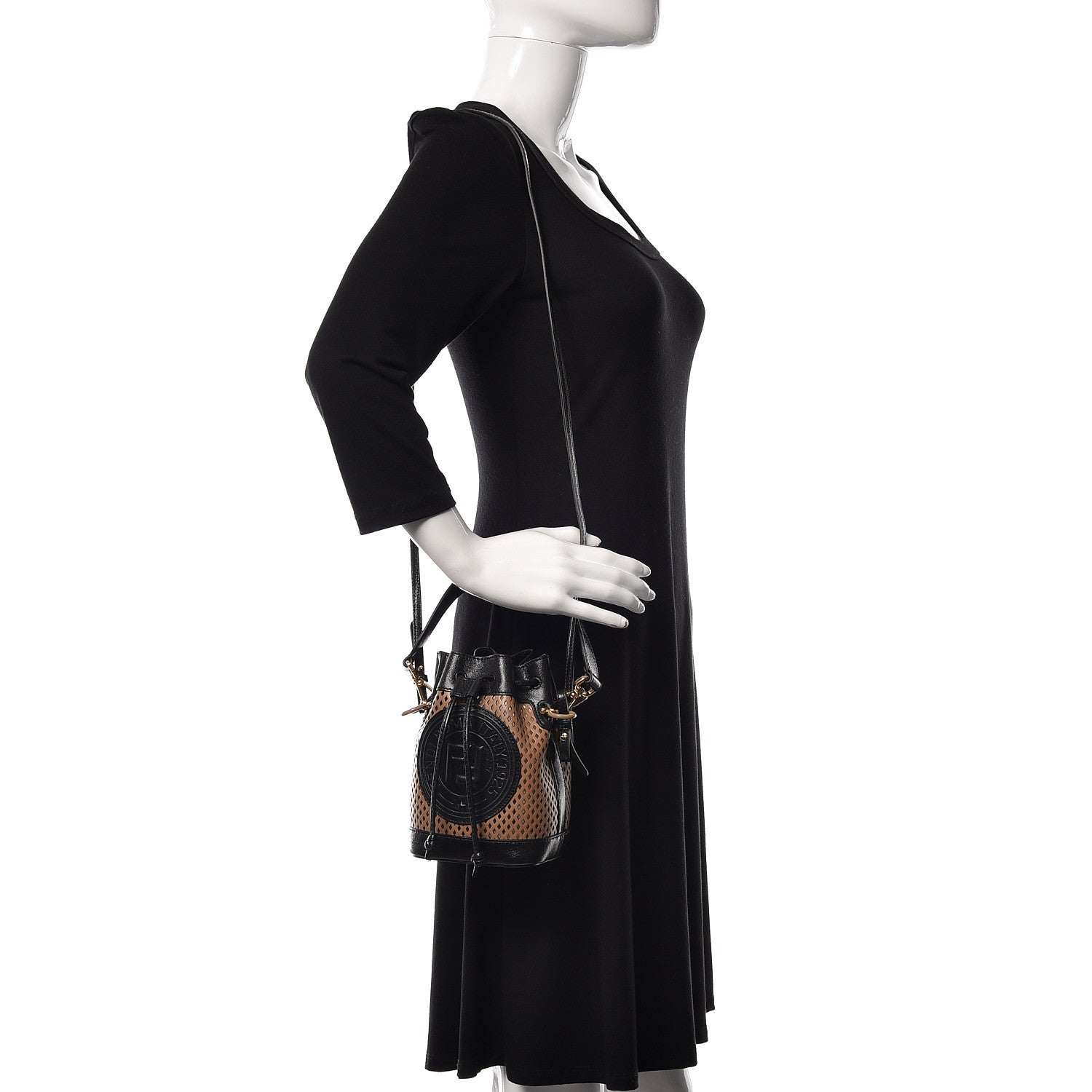 Fendi Vitello Liberty Glossy Lambskin F is Fendi Perforated Mini Mon Tresor Bucket Bag Sand Mimosa Black 2 of 10